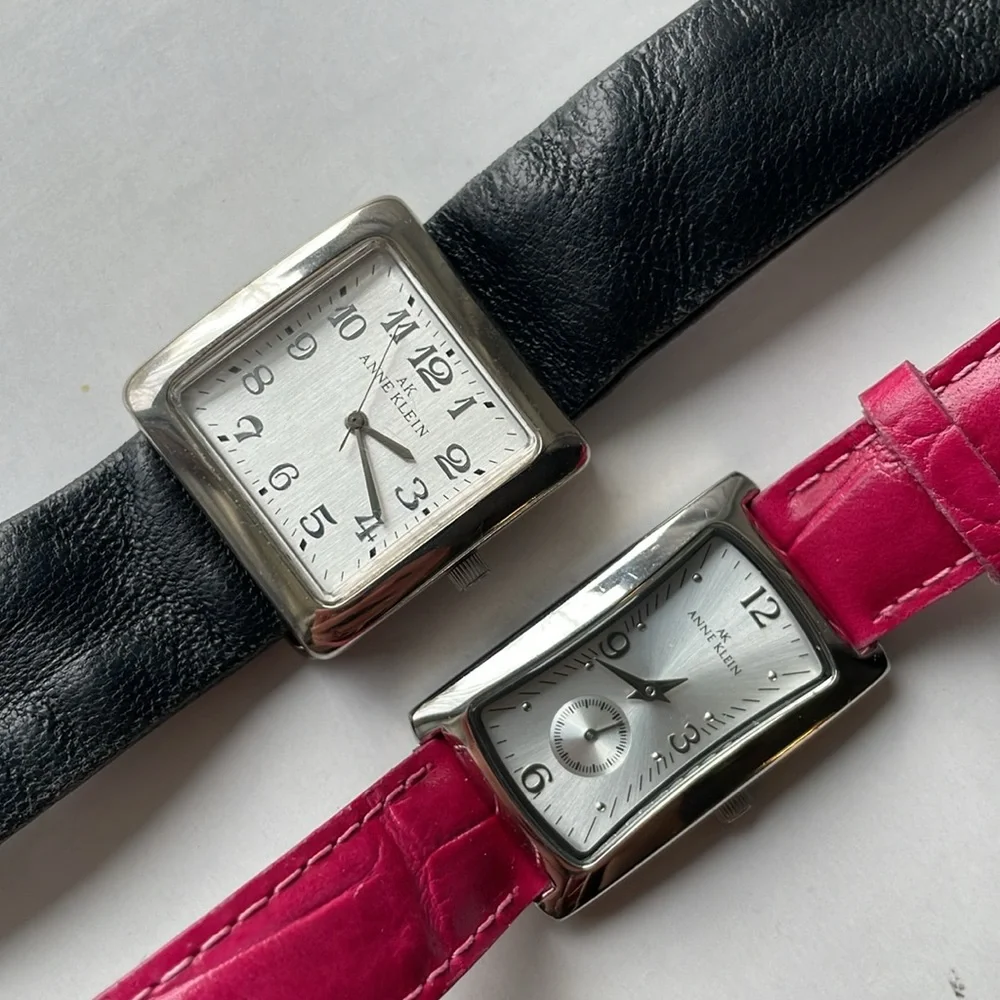 Bundle of 2 Anne Klein Leather Watches - Black & Silver, Magenta Pink & Silver